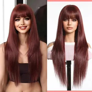 LuxeLocks NYC Extra Long Wine Red Straight Wig with Bangs Natural Density Beginner Friendly Wear & Go Wig for Easy Styling beginner  wigs comfortable daily party wear fashion wig day outfit synthetic material fiber resistant wig hairstyle heat resistant