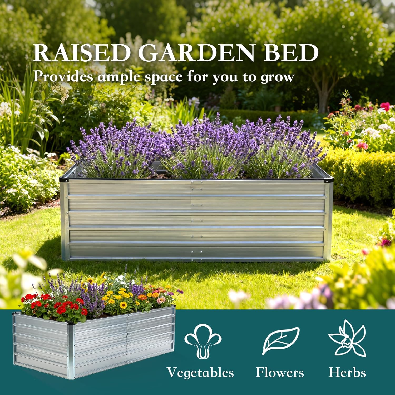 Metal Raised Garden Bed 6x3x2ft, Galvanized Outdoor Planter Box with Open Bottom, Heavy-Duty Raised Garden Beds for Vegetables, Flowers & Herbs