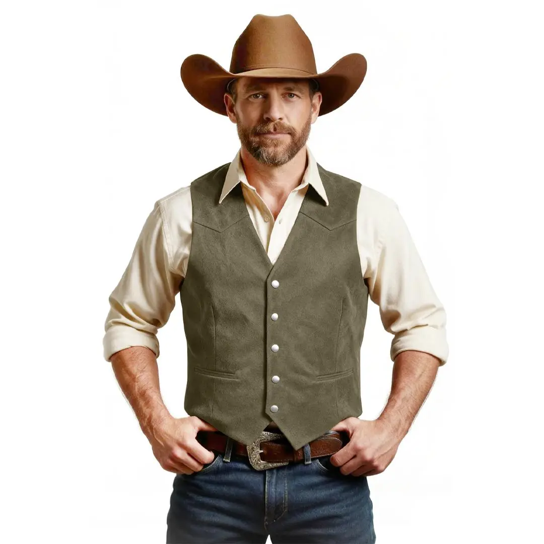 JEMITOP Men's Retro Western Cowboy Soft Faux Suede Leather Snap Button Waistcoat - Slim Fit All Season Menswear Vest with Real Pockets, Tacked Shut Buckle Accent, Ideal for Dress, Jeans, Western Cowboy Waistcoats & Gilets, Buttons Waistcoats & Gilets, Sta