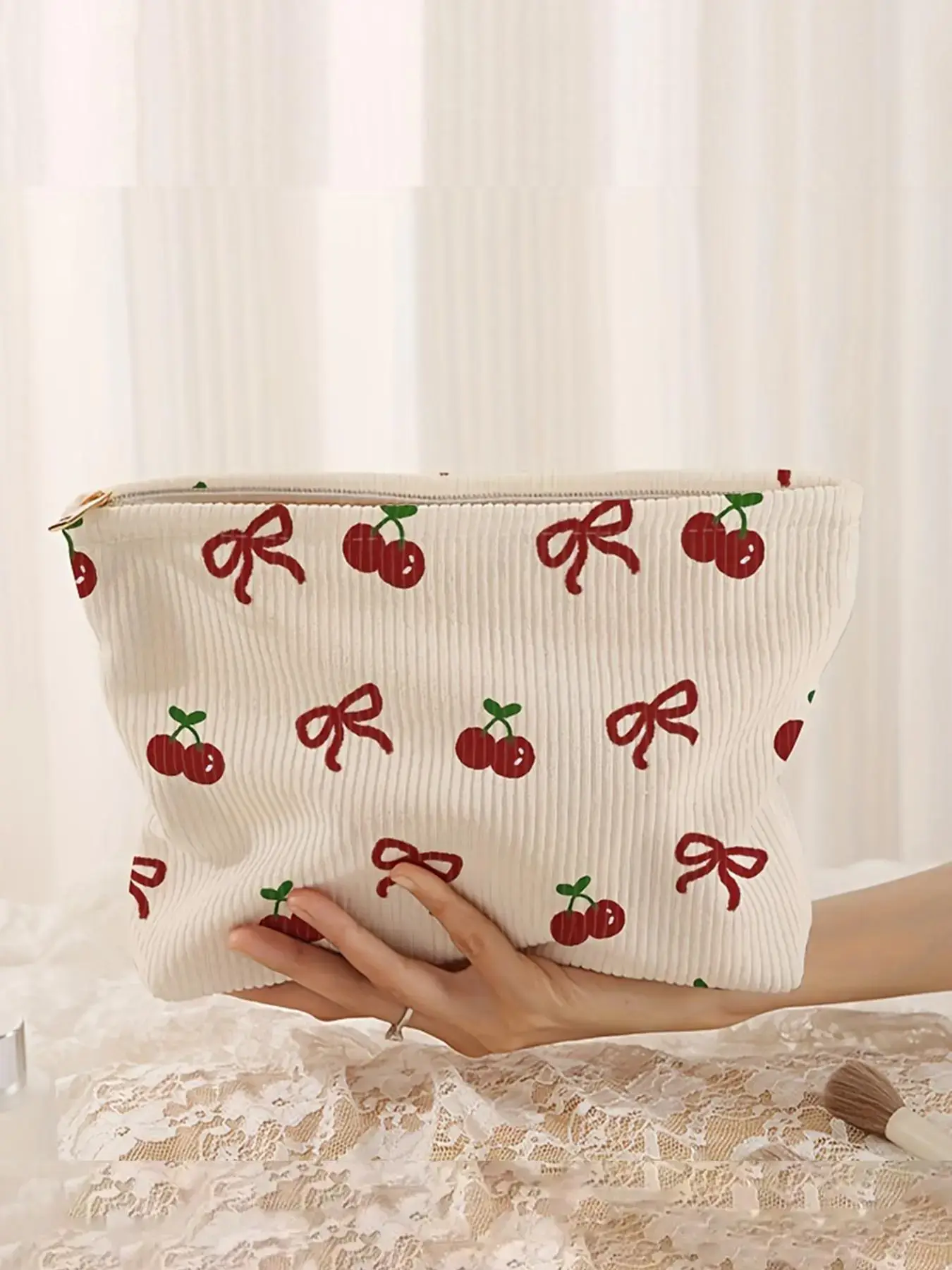 Cherry & Bow Pattern, Lightweight Multi-functional, Casual Travel Makeup Bag, Suitable for Leisure Travel and Various Occasions, Travel Cosmetic Bags, Cosmetics Bag, Makeup Pouch, Travel Beauty Bag