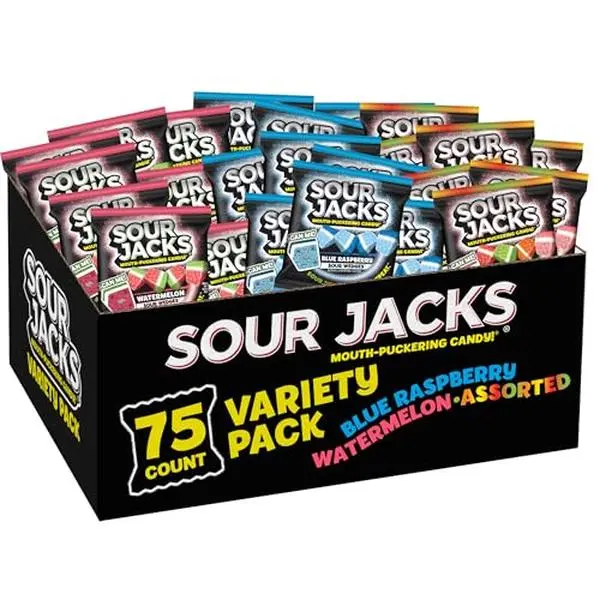 SOUR JACKS, Sour Gummy Candy, Variety Pack, 75 0.5 oz Snack-Size Pouches, Watermelon, Blue Raspberry, and Assorted Fruit, Individually Wrapped, Fat Free, Gluten Free