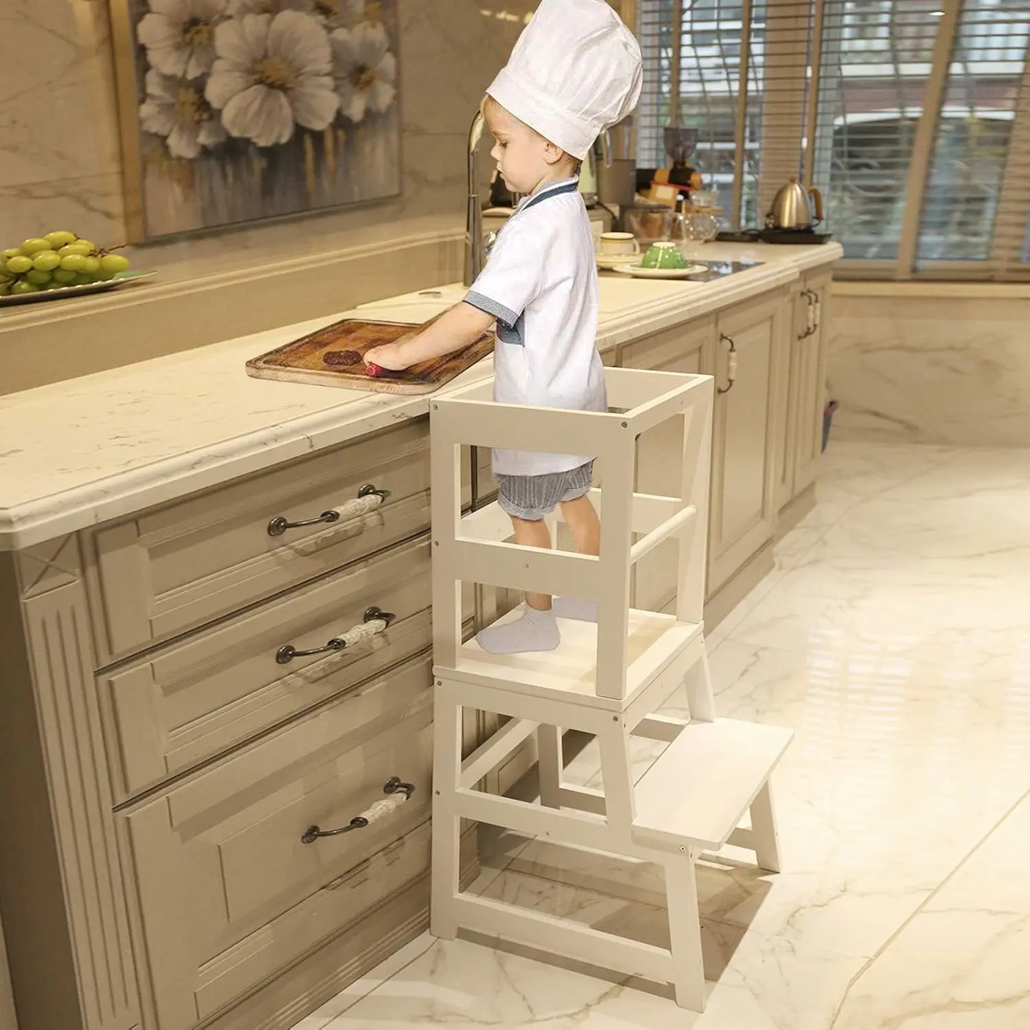 Kitchen Step Stool for Toddlers with Non-Slip Mat WOOD CITY Wooden Kids Montessori Learning Stool Tower Toddler Standing Tower Helper for Kitchen Counter and Bathroom Sink White