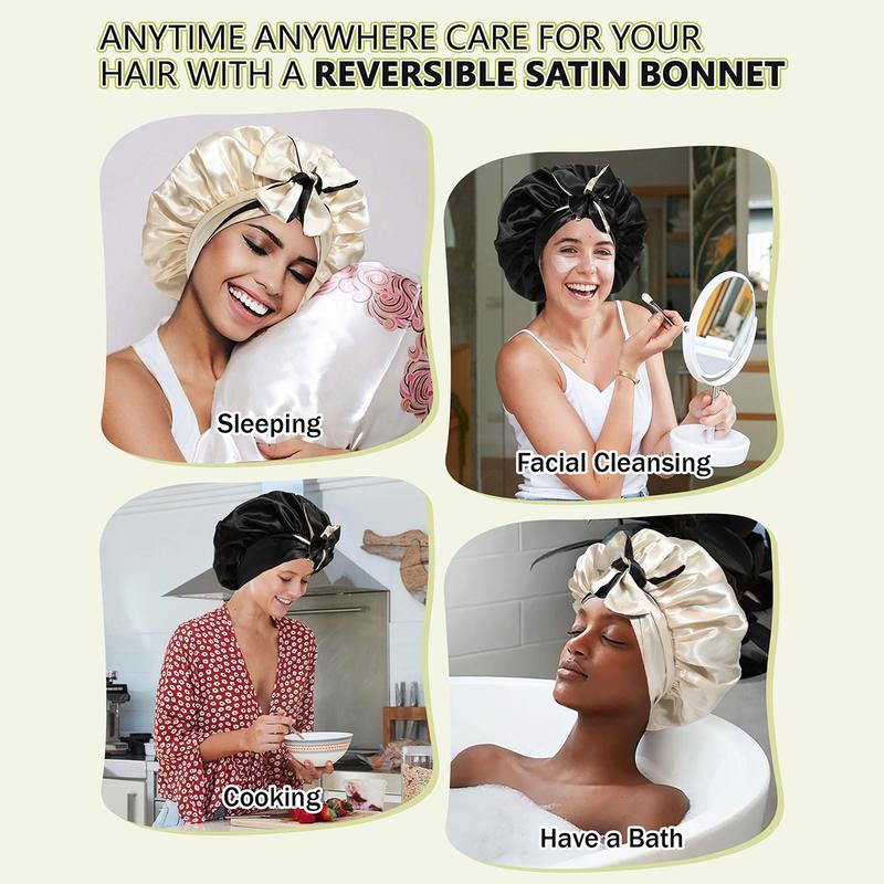Double-Layer Solid Color Satin Bonnet Silk Like Texture Sleeping Cap for Women Curly Hair Wrap Adjustable Reversible with Tie Band Nightcap Bonnets