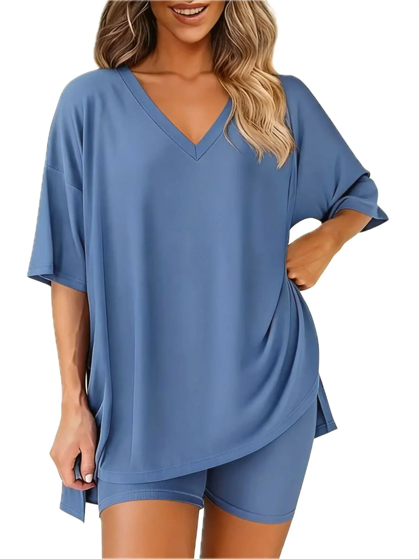 Women's 2 Piece Outfits Lounge Sets Oversized V-Neck Half Sleeve T-Shirt and Biker Shorts Matching Casual Activewear Summer Tracksuit