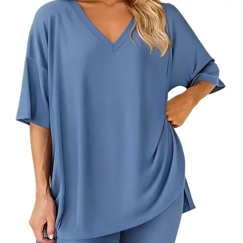 PHEFEE Women's Matching Sets 2-Piece Gray Lounge Tracksuit - Oversized V-Neck Half-Sleeve Tee, Spandex-Polyester Fabric Biker Shorts That Won't Ride Up, Casual Summer Yoga Workout Fit Activewear