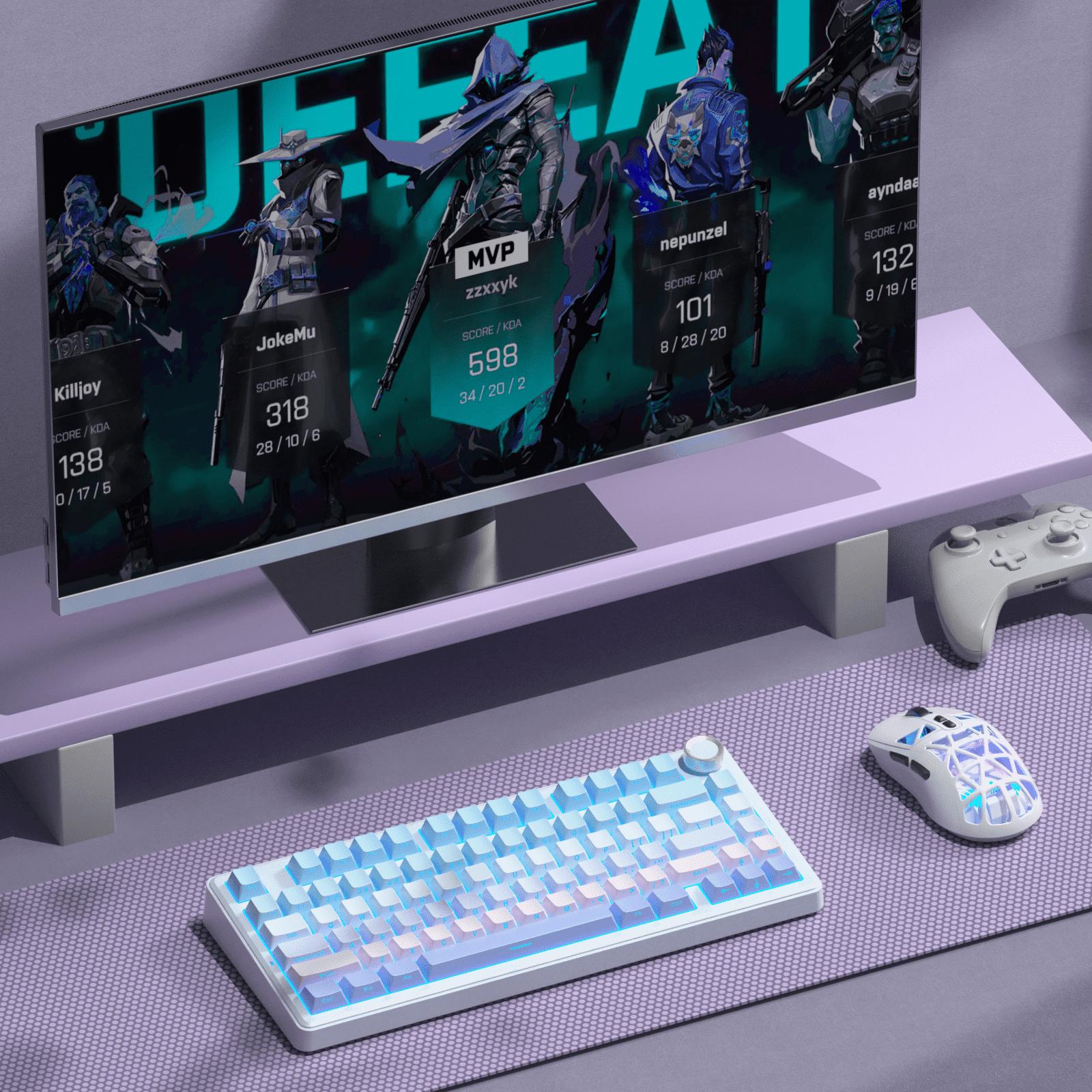 SOLAKAKA A75 Wireless 75% Mechanical Keyboard features hot-swappable keys, RGB lighting, a multi-function knob, sealed keys, PBT keycaps, and a creamykeyboard design. It is suitable for PC/Mac.