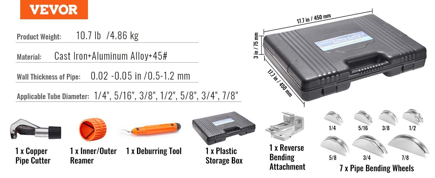 VEVOR Pipe Tube Bender, 1/4"-7/8" O.D. Ratcheting Tubing Bender, 90° Forward/Reverse Pipes Bending Tools with 7 Dies and Pipe Cutter for HVAC Air Conditioning Refrigerator Repair