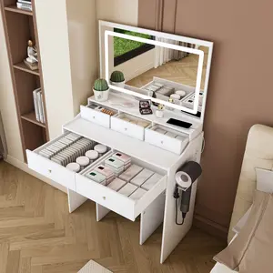 New Large Mirror Vanity Desk for Bed room , Modern Makeup Vanity Set with Power Outlet and Hair dryer holder, 5 Drawers , 3 Lighting Color Adjustable Dressing Table for Bedroom