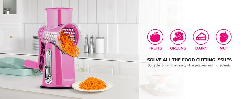 SUSTEAS Rotary Cheese Grater with 5 Replacement Blades, Strong Suction Cup Base, BPA Free, Compact Design for Easy Cleaning, Kitchen Utensils Pink Red