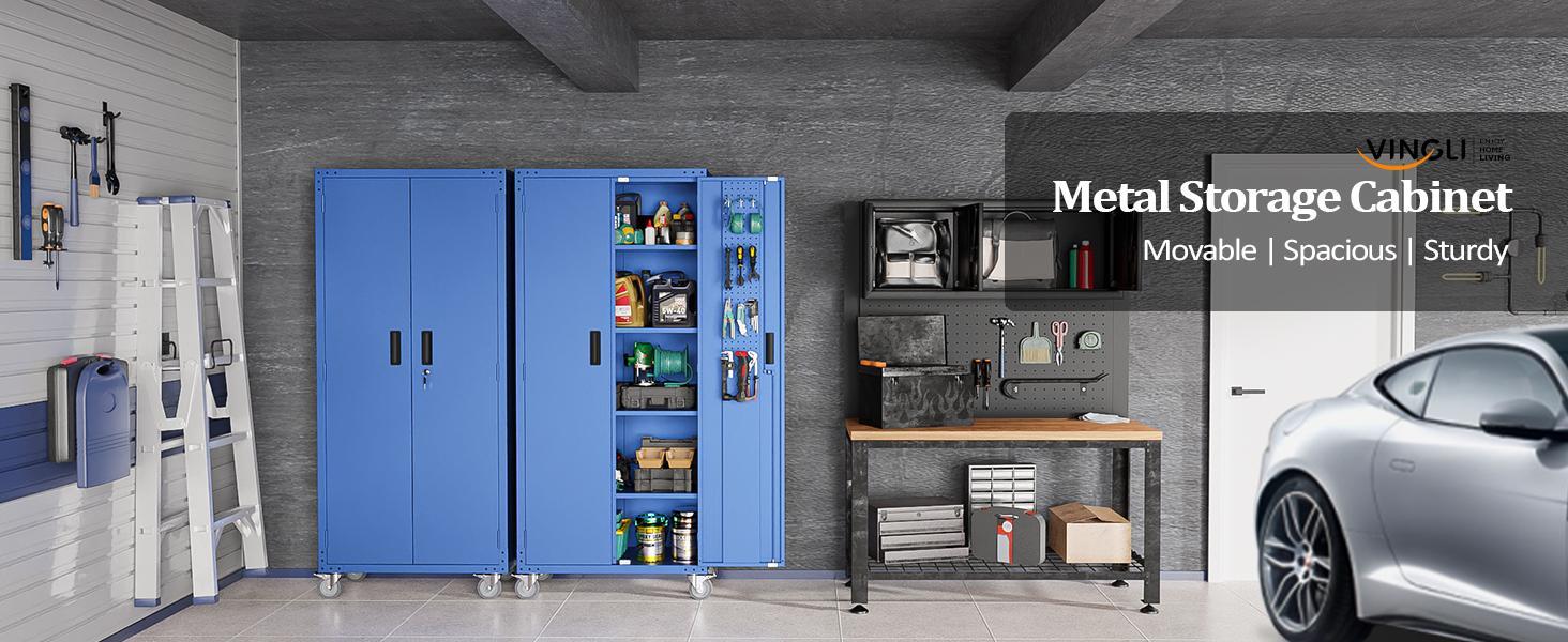 VINGLI 72'' Tall Metal Garage Storage Cabinet with Pegboards, Wheels, Locking Doors and Adjustable Shelves, File Cabinet/Tool Cabinet for Home Office/School (Blue, 32W x 16D x 72H)