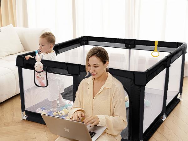 dearlomum 50" x 50"/ 71" x 59"Extra Large Baby Playpen for Babies and Toddlers, Safe Activity Center with Soft Play Fence, Indoor Safety Yard, Easy to Assemble and Clean，Noneremovable waterproof thick mat (Black/Gray)