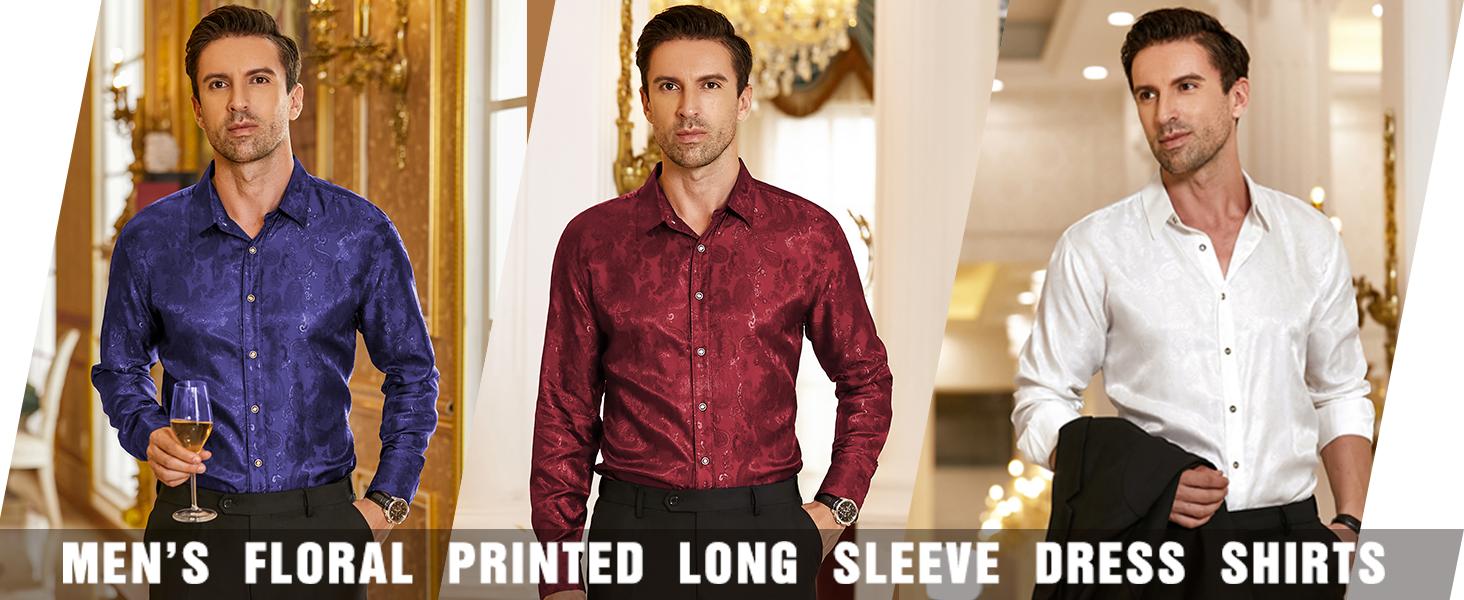 COOFANDY Men's Silk Satin Dress Shirt Long Sleeve Floral Printed Shirt Paisley Button Down Shirts for Wedding Party Prom