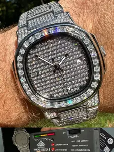 Real Mens Baguette MOISSANITE Watch Iced Automatic Movement Hip Hop Bust Down