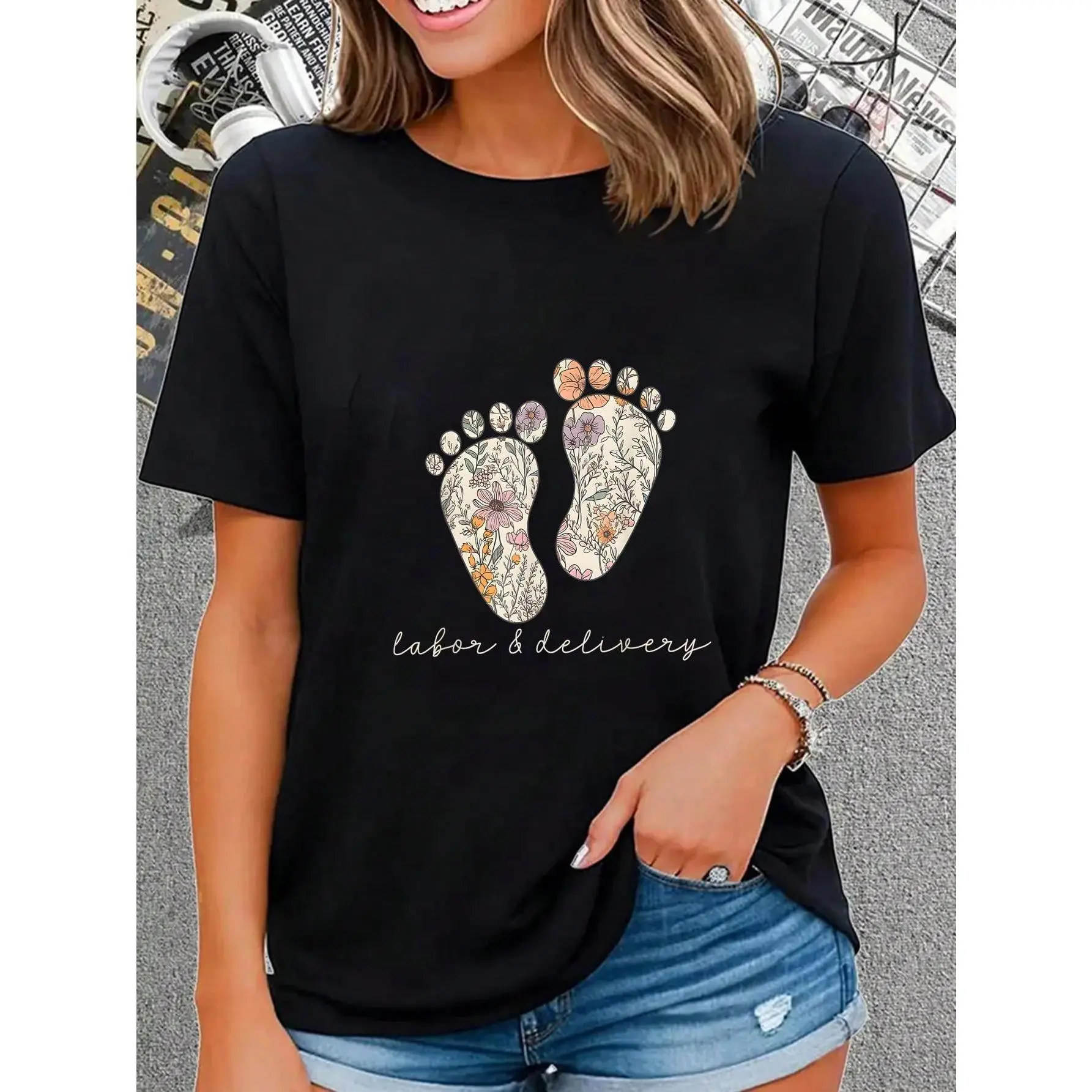 100% Cotton Retro Floral Nursing Labor And Delivery Nurse L&D Nurse T-Shirt