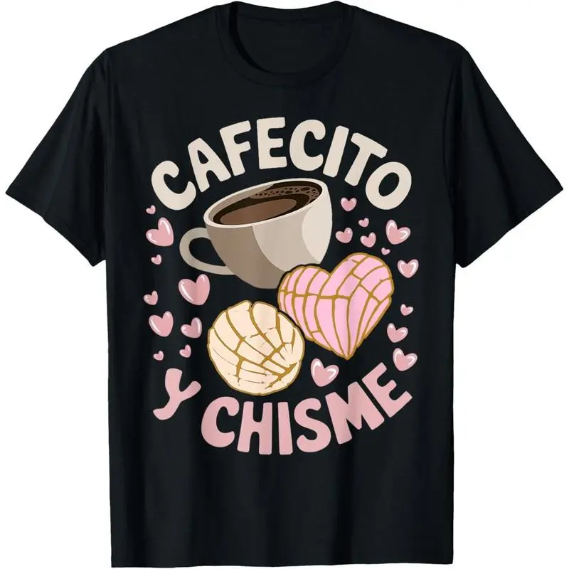Classic Fit Graphic T-Shirt, Unisex 100% Cotton "Coffee and Gossip" Concha Print, Latina Mexican Streetwear Short Sleeve Top, Tops, Menswear, Round Neck, Machine Wash, Shortsleeve, Casual, Fabric, Digital Print, Clothes, Unisex Fit, Printed