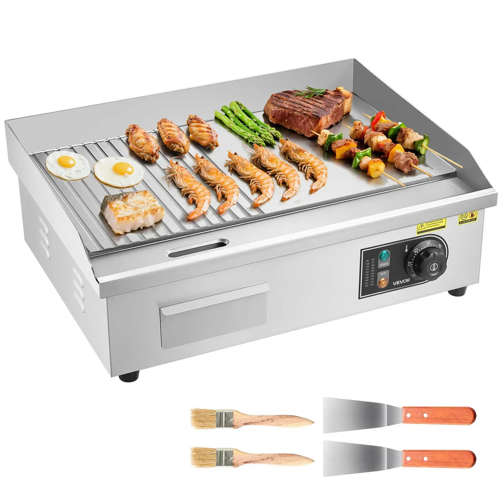 【Summerfinds】VEVOR Commercial Electric Griddle,21.06 x 11.81 inch1750W122-570°F Adjustable Temp ControlStainless Steel BodyHalf Grooved Half Flatwith 2 Spatulas2 Brushesand 4 Foot Padsfor Steak