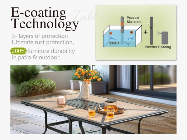 Phivilla Rectangular Outdoor Dining Table with 1.6"-2" Adjustable Umbrella Hole, 6 Person Patio Table for Outdoor, Rectangle Patio Table with Faux Wood Tabletop and Metal Steel Frame