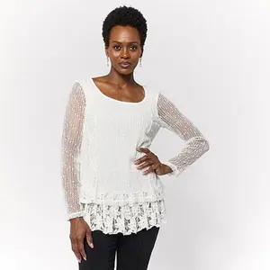 Nina Leonard Long-Sleeve Mixed-Media Blouse