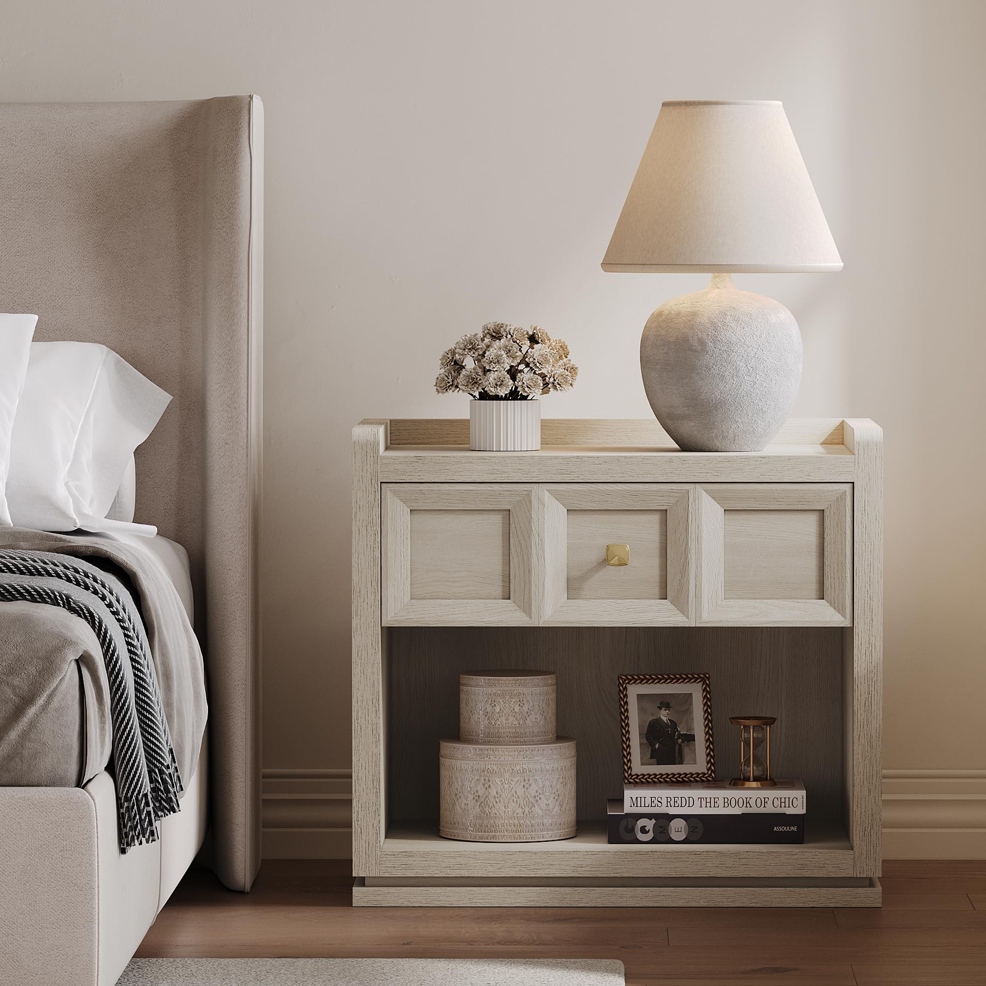 SICOTAS 31" and 26” Wide Nightstands Set of 2, Large Night Stands with Drawer, Oversized King Size Nightstand Bedside Table for Bedroom, Farmhouse End Side Table Set of 2 with Round Corners,Grey White Oak,Durable and Sturdy