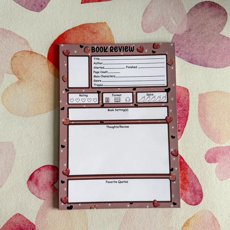 Neutral Hearts Book Review Notepad – 5x7 Pad, Tear Off Notepad, Aesthetic Stationery Memo Sheets