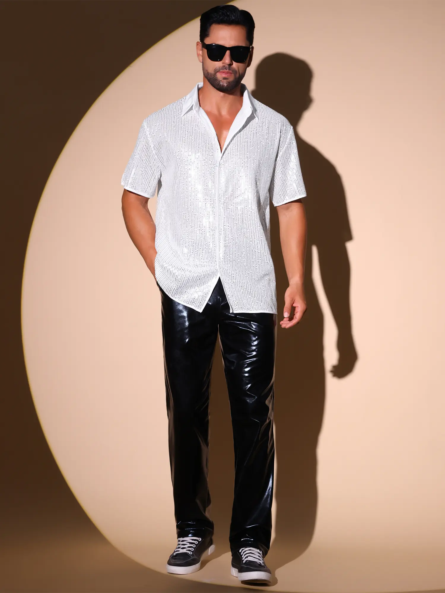 INSPIRE CHIC Sequins Shirts for Men's Retro Button Down Short Sleeve Party Glitter Shirt