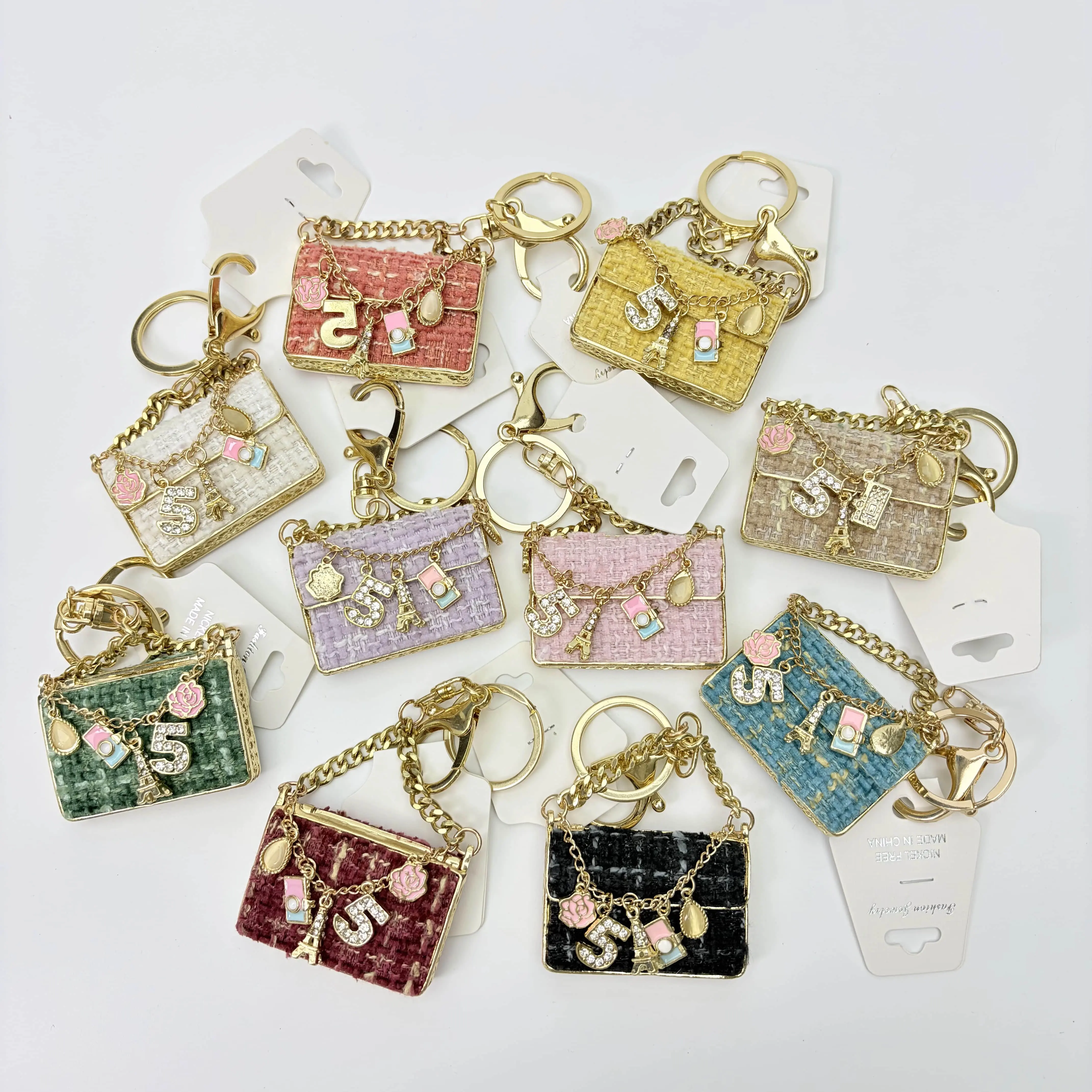 Mini Bag Keychain Car Key & Bag Charm Creative Trendy Fashion Fabric Alloy Rhinestone Pendant Gift for Friends,Summervibes