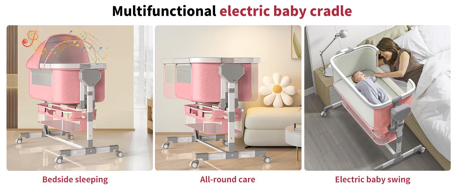 Electric Baby Bassinet with 6 Height Adjustments & 4 Lullabies, Stable Horizontal Swing, Bedside Sleeper, 3 Modes, Built-in Music, Bluetooth 5.0, 360° Rotating Wheels