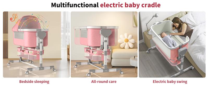 Electric Baby Bassinet with 6 Height Adjustments & 4 Lullabies, Stable Horizontal Swing, Bedside Sleeper, 3 Modes, Built-in Music, Bluetooth 5.0, 360° Rotating Wheels