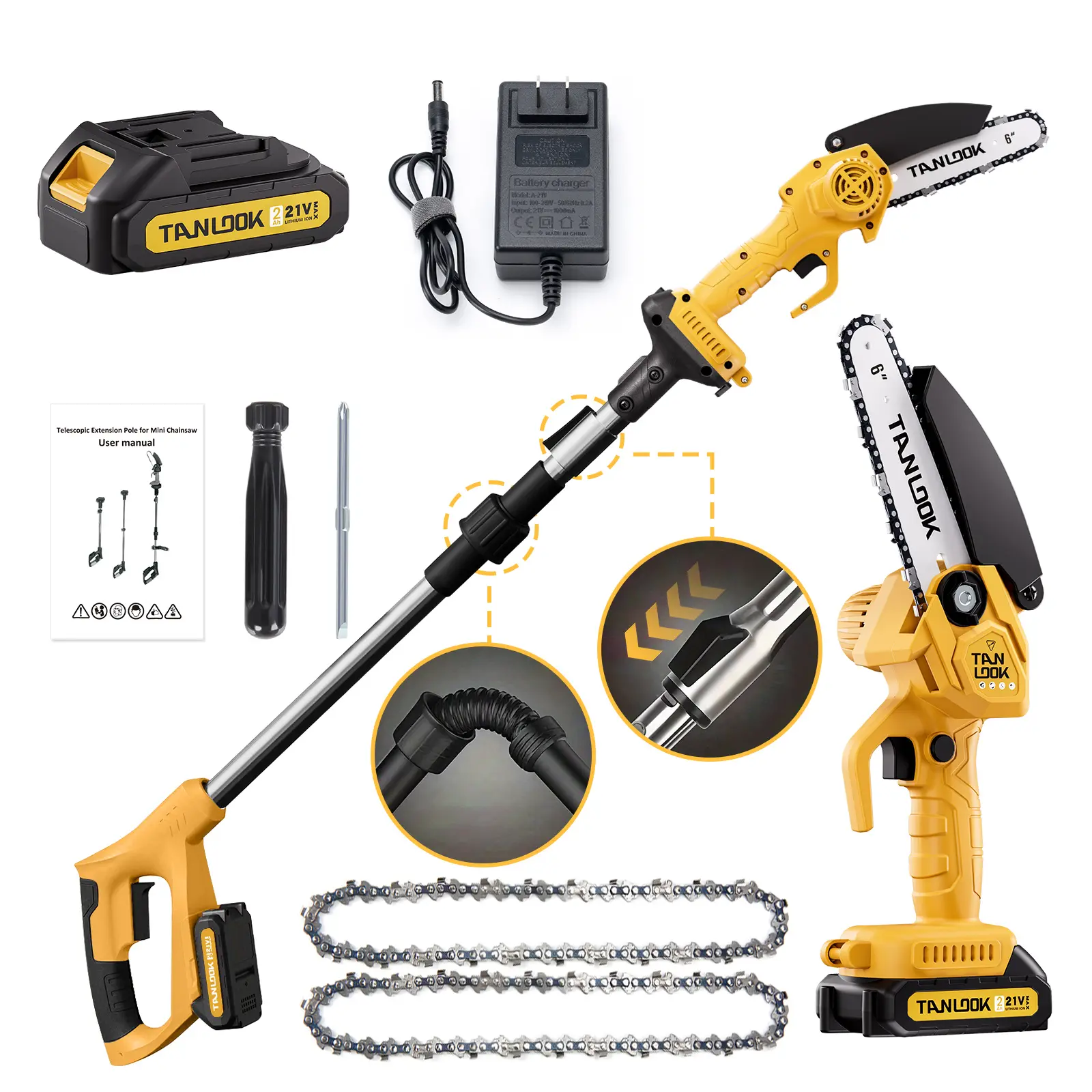 TANLOOK 2-in-1 Cordless Pole Saw Combo Chainsaws - 6" Tight Reach Mini Electric Chainsaw, 21V Rechargeable Battery, Telescopic Extension Shaft, Cordless Freedom, Handheld Yard Garden Trimmer for Easy Control