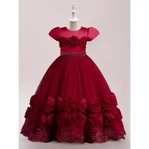 Fashionable Girls' Skirt with A Bow At The Back And 3D Flower Decoration At The Chest. Layered Mesh Hem with 3D And Lace Trim. Princess Dress. Perfect Halloween, Carnival, Party, And Christmas Party Costumes.