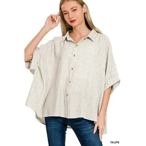 Zenana Full Size Woven Stripe Button Down Boxy Shirt Plus Size