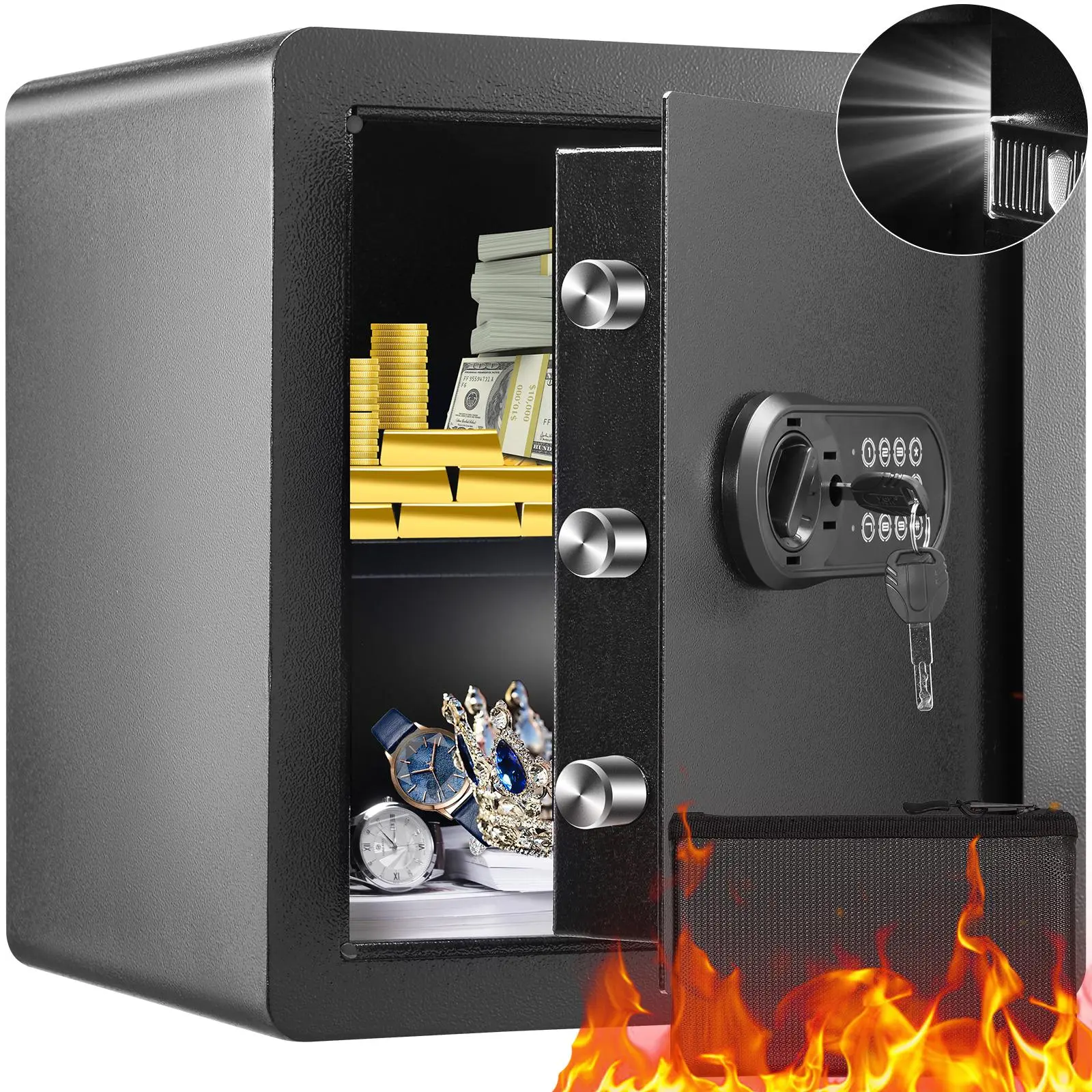 【Summerfinds】VEVOR Safe, 1.8 Cubic Feet Home Safe, Steel Security Safe with Digital Keypad and 2 Keys, Cabinet Safe with Fire-proof Bag, Protect Cash, Gold, Jewelry, Documents for Home, Hotel, 15.8x13x16.9 inches