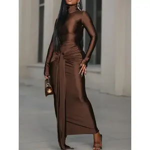 Women'S Elegant High-Neck Bodycon Midi Dress - Long Sleeve, Solid Brown, Ruched Detail, Perfect for Christmas Parties & Formal Events, Formal Event Attire|Ruched Detail Dress|Polyester Fabric