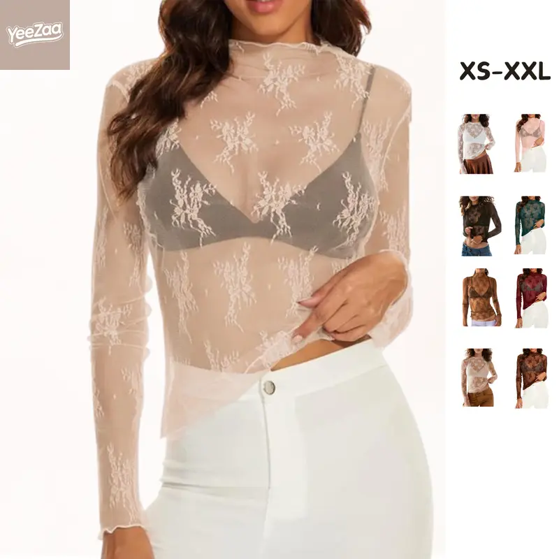 YeeZaa Lace Mesh Floral Boho Tops for Women 2026 Spring Summer Long Sleeve Blouse Sheer Mock Neck Layering Bolero Shrug See Through Cropped Y2K Going Out Tops Fit Elegant Curvy Casual