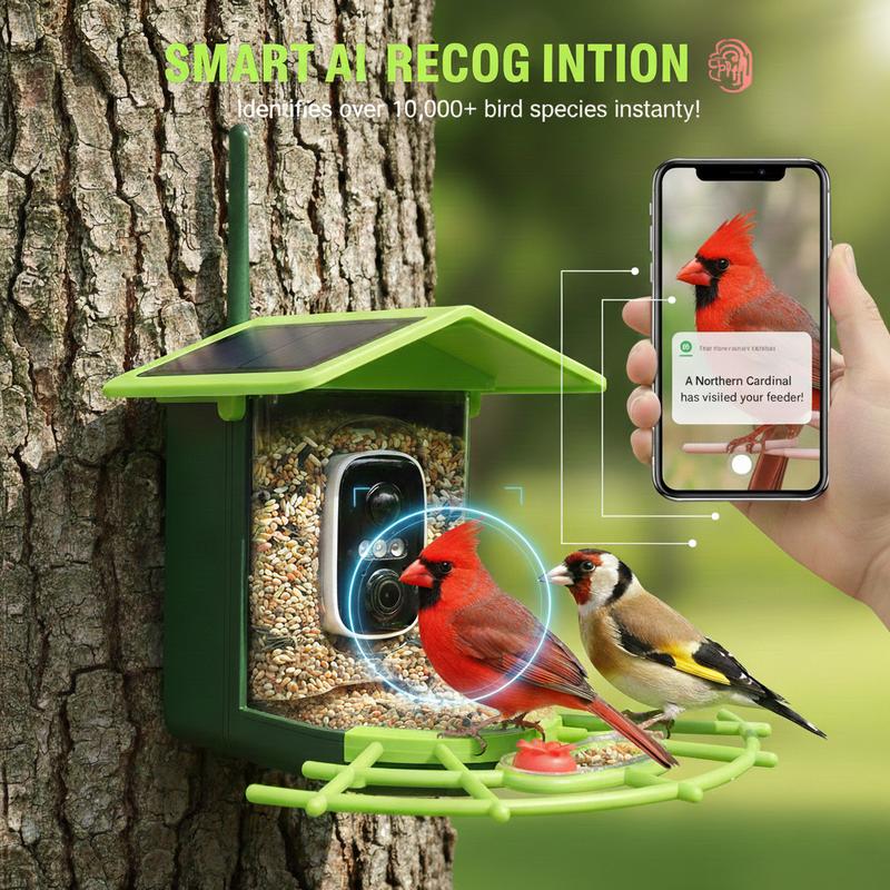 Comhoma Bird Feeder with Camera Solar Powered, AI Identify & Auto Capture with 32GB Card, 2K HD Live Video Smart Bird Feeder Camera Instant Notifications in Backyard, Gift for Bird Lovers