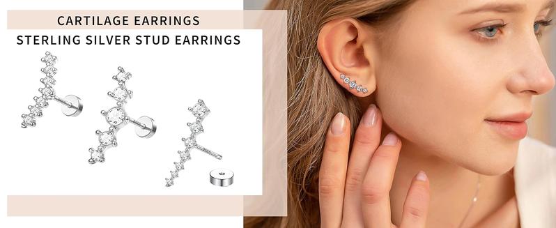 MILACOLATO 3PCS 16G 925 Sterling Silver Post Cartilage Earrings for Women 18K White Gold Hypoallergenic Flat Back Earrings Opal CZ Stud Earrings Cartilage Conch Helix Piercing Jewelry