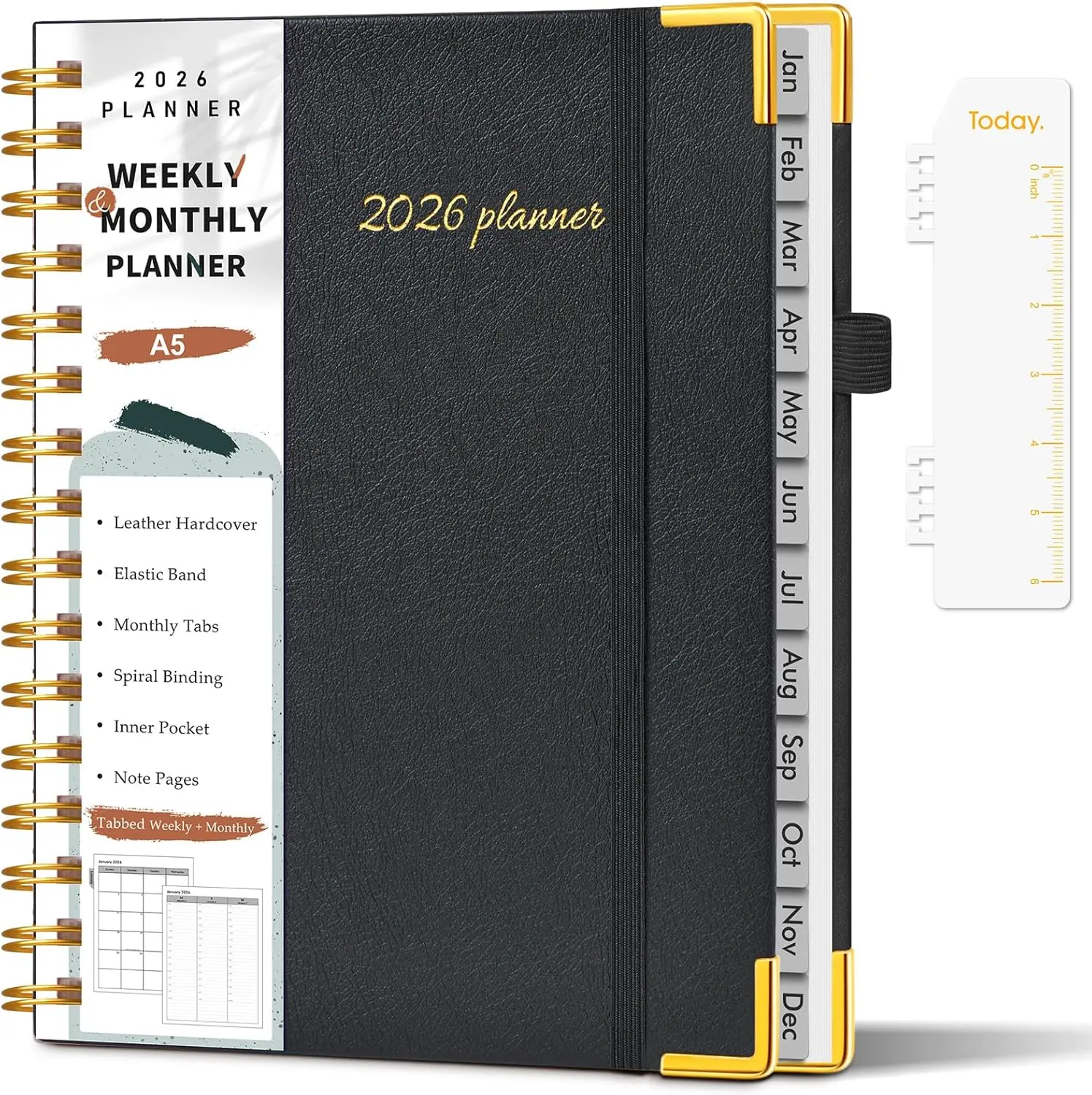 2026 Planner, Weekly and Monthly Calendar Planner from January 2026 - December 2026, 5.75" x 8.38" Hardcover Leather Hourly Appointment Book with Tabs, A5 Spiral Daily Planners for College School Work Home, Black