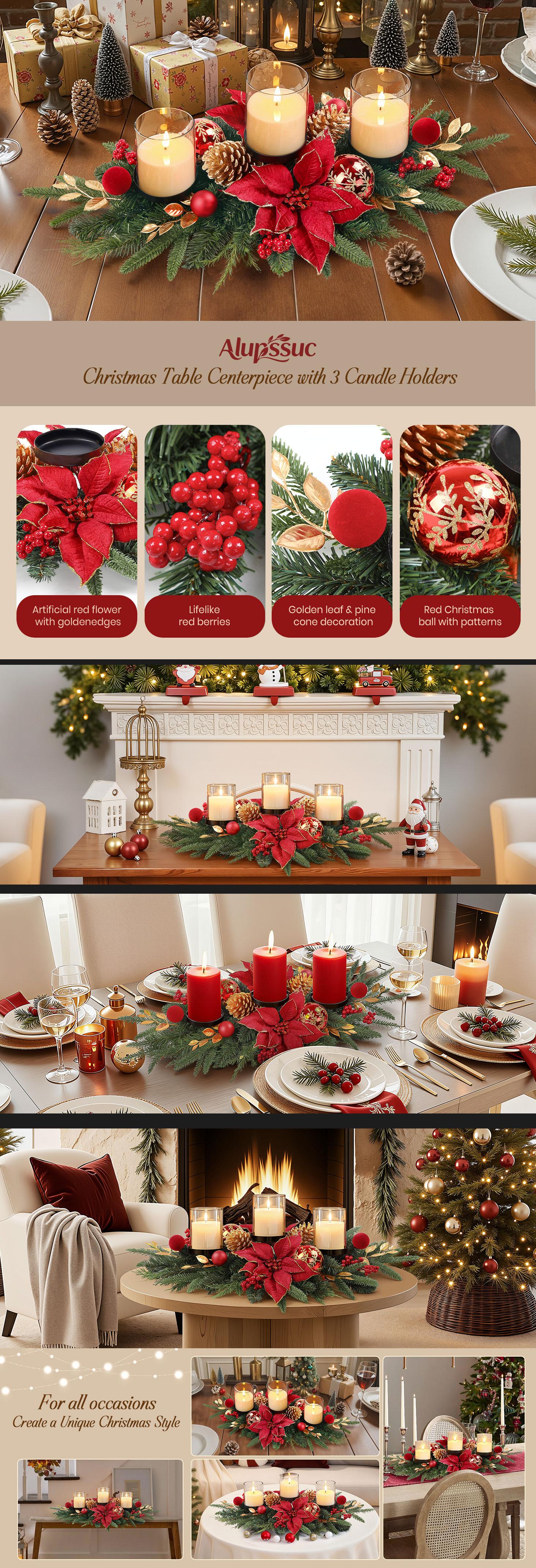 SHareconn 36 inch Christmas Centerpiece with 3 Candle Holders Trays Dining Table Decoration with Baubles Pine Cones Red Berries Spruce Branches Flower for Indoor Home Party Table Holiday Decor