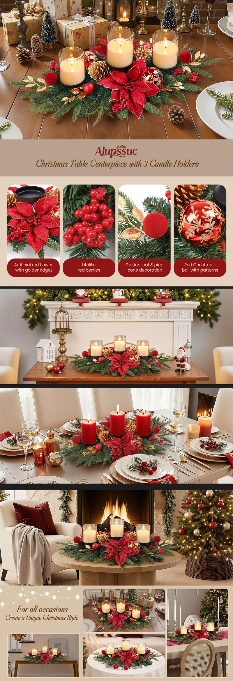 SHareconn 36 inch Christmas Centerpiece with 3 Candle Holders Trays Dining Table Decoration with Baubles Pine Cones Red Berries Spruce Branches Flower for Indoor Home Party Table Holiday Decor