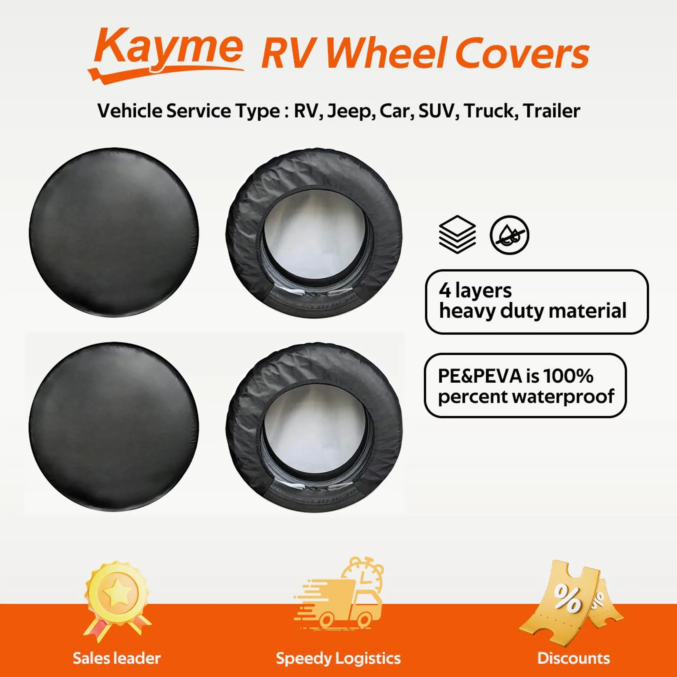 Kayme RV Tire Cover/Coat 4 Pack Waterproof Wheel Protector for Travel Trailer Camper Truck SUV Motorhome Sun Rain Snow Protection Great Father's Day Gift