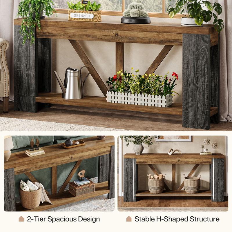 LITTLE TREE  70.9" Extra Long Entry Table, Farmhouse Wood Console Table with Storage, Modern Accent Sofa Table Behind Couch Foyer Tables for Entryway, Living Room, Entrance, Rustic Brwon