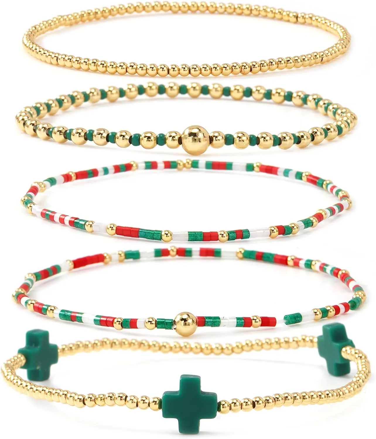 Christmas Stackable Gold Beaded Bracelet Set for Women, Non Tarnish Waterproof Stretch Bracelets with Green Cross Charm, Hypoallergenic Boho Holiday Jewelry, Christmas Stocking Stuffer Gift