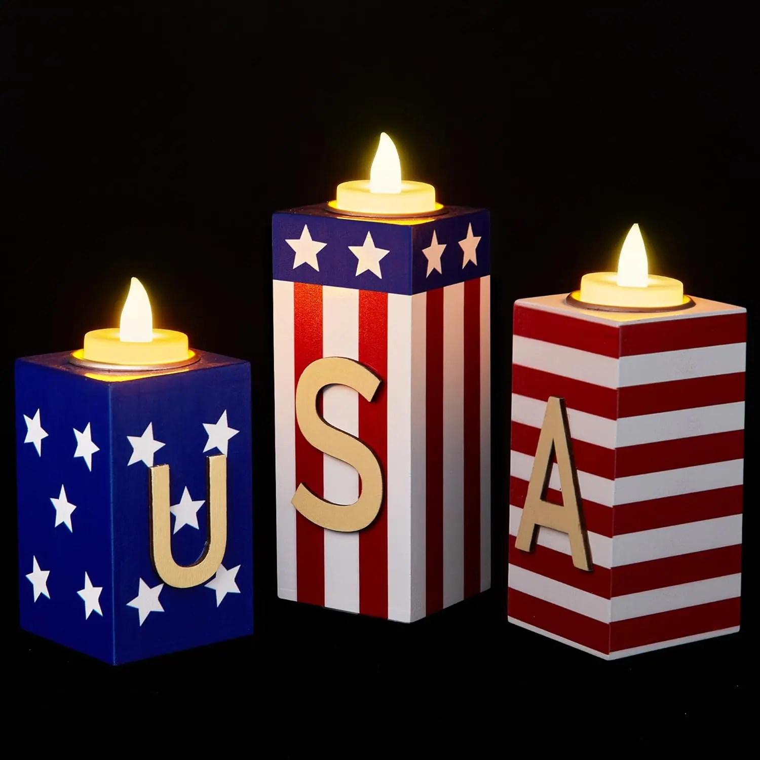 4th of July Decorations, 3 count Patriotic  Candle Holders with  Lights, Rustic Farmhouse Centerpieces for Home, Tiered Tray, Tabletop, Mantel, Office, Porch, Memorial Day, July 4th Decor
