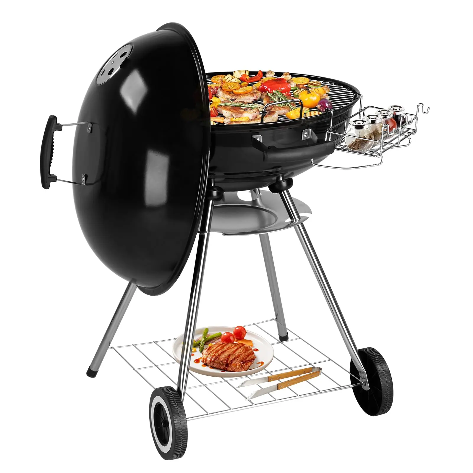 28-Inch Round Portable Kettle BBQ Charcoal Grill - Rust-Resistant Porcelain Enamel Lid, Wheels, Thermometer, Storage Rack, Moisture-Proof, Heat-Retentive Single Unit for Outdoor Travel, Tailgate Party, Charcoal Grills Bbq, Cooking Bbq Camping