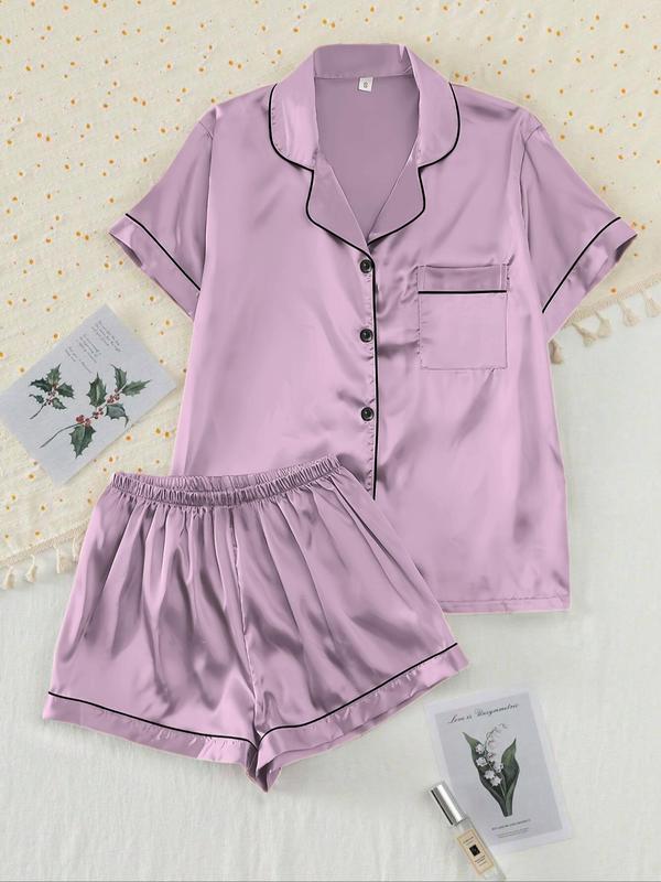 【Valentine's Day】Women's Two-piece Shirt & Shorts Satin Pajamas Set, Ladies Summer Sleepwear
