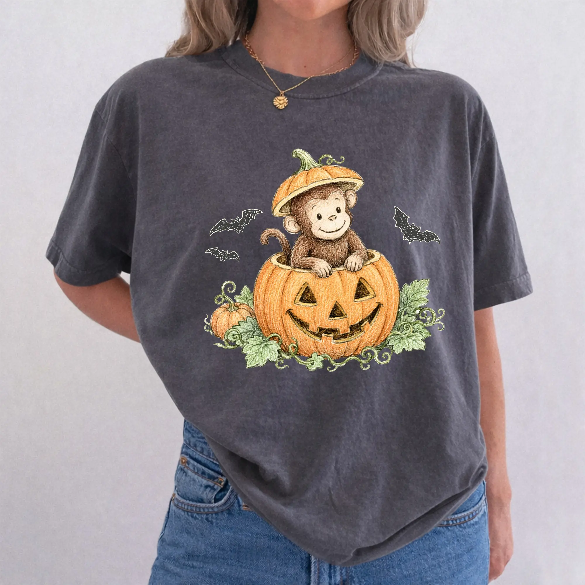 ChicCotton Monkey Pumpkin Shirt, Halloween Monkey Heavyweight Cotton T-shirt, Cute Monkey Graphic Tee, Cute Pumpkin Patch Clothing