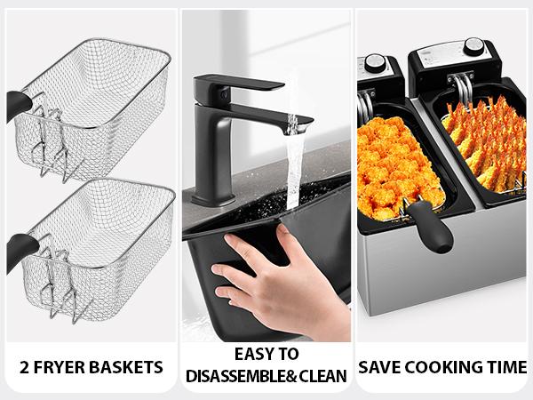 SUSTEAS Double Basket Electric Deep Fryer 1500W Adjustable Temp Fast Heating 6.3QT Capacity Splatter-Free Dishwasher-Safe for Efficient Cooking Kitchen Appliances