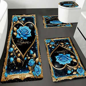 4pcs/ Set Blue Rose Printed Bathroom Protective Mat Set, Non-slip Bathroom Mat, Flannel Bathroom Mat, Bathroom Floor Mat, Toilet Mat Universal Soft Comfortable, Home Decoration, Winter Decoration