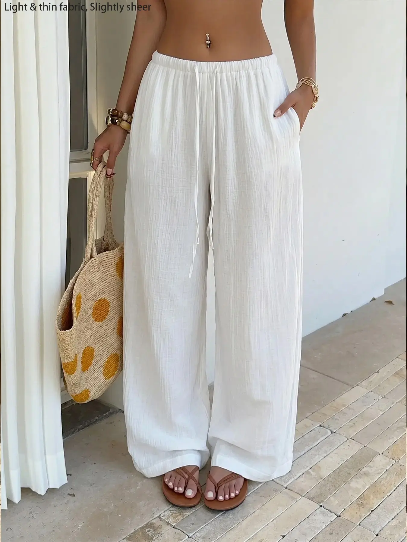 Trendy Baggy Wide-Leg Pants with Drawstring Waist Design, Breathable Lightweight Loose-Fit Summer Bottoms, Everyday Beach & Casual Wear, Comfortable Cotton-Linen Fabric