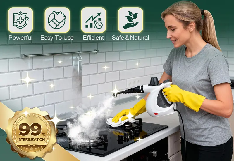 Product Introduction of Phueut Pressurized Handheld Multi-Surface Natural Steam Cleaner with 12 pcs Replacement Parts , Multi-Purpose Steamer for Home Use, Kitchen and Car 1